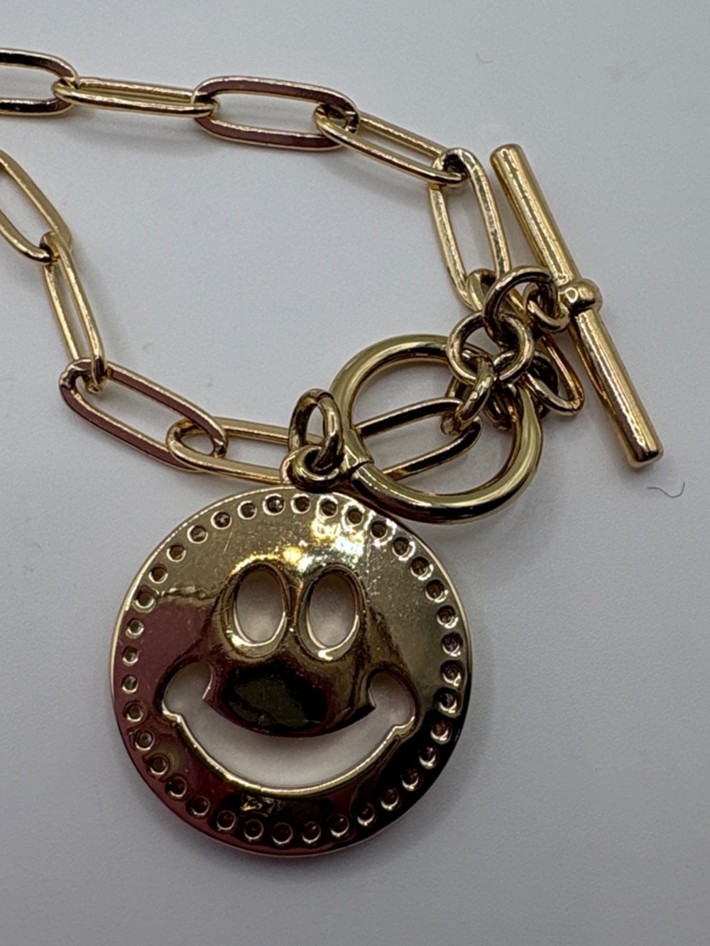 Gold Smiley Face Pendant Necklace - Gold Toggle Paperclip 18” - Picture 7 of 9